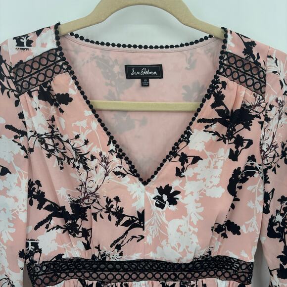 136. Sam Edelman Dress SZ 10 Pink Black Floral V-Neck Bishop Boho Romantic Flowy - Picture 4 of 12